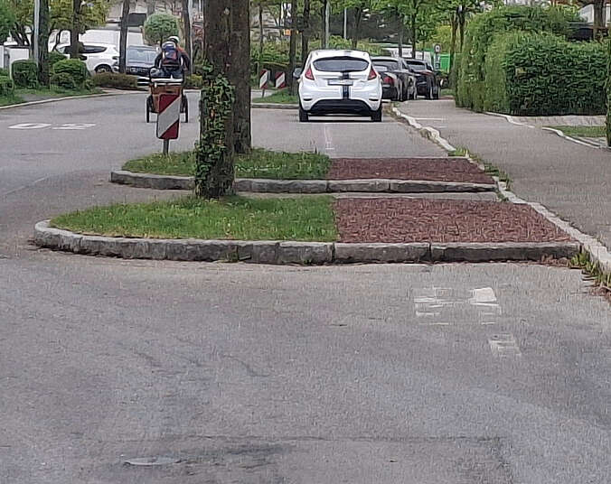 grüne Inseln mit Bäumen zwischen den Parkbuchten.